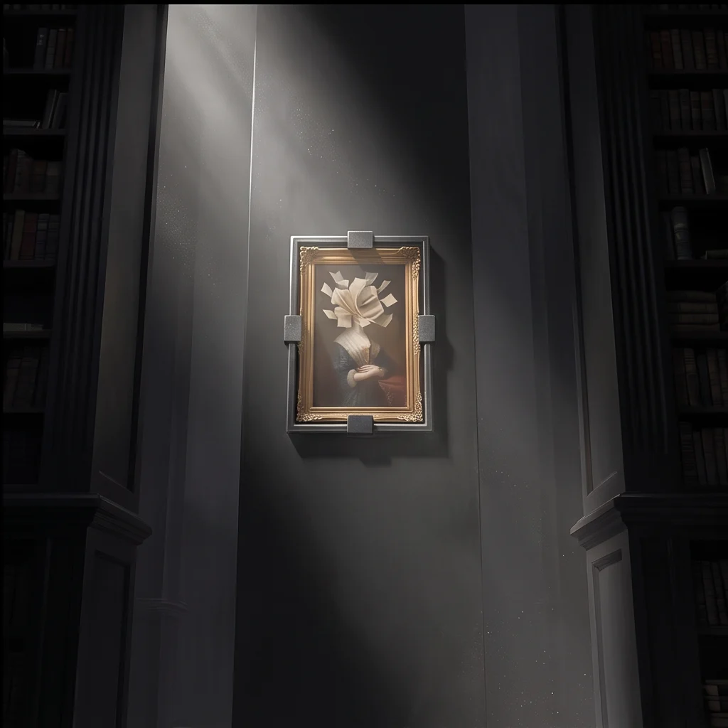 One gold-framed anomaly portrait in a shaft of light, in the Brandbooked archive