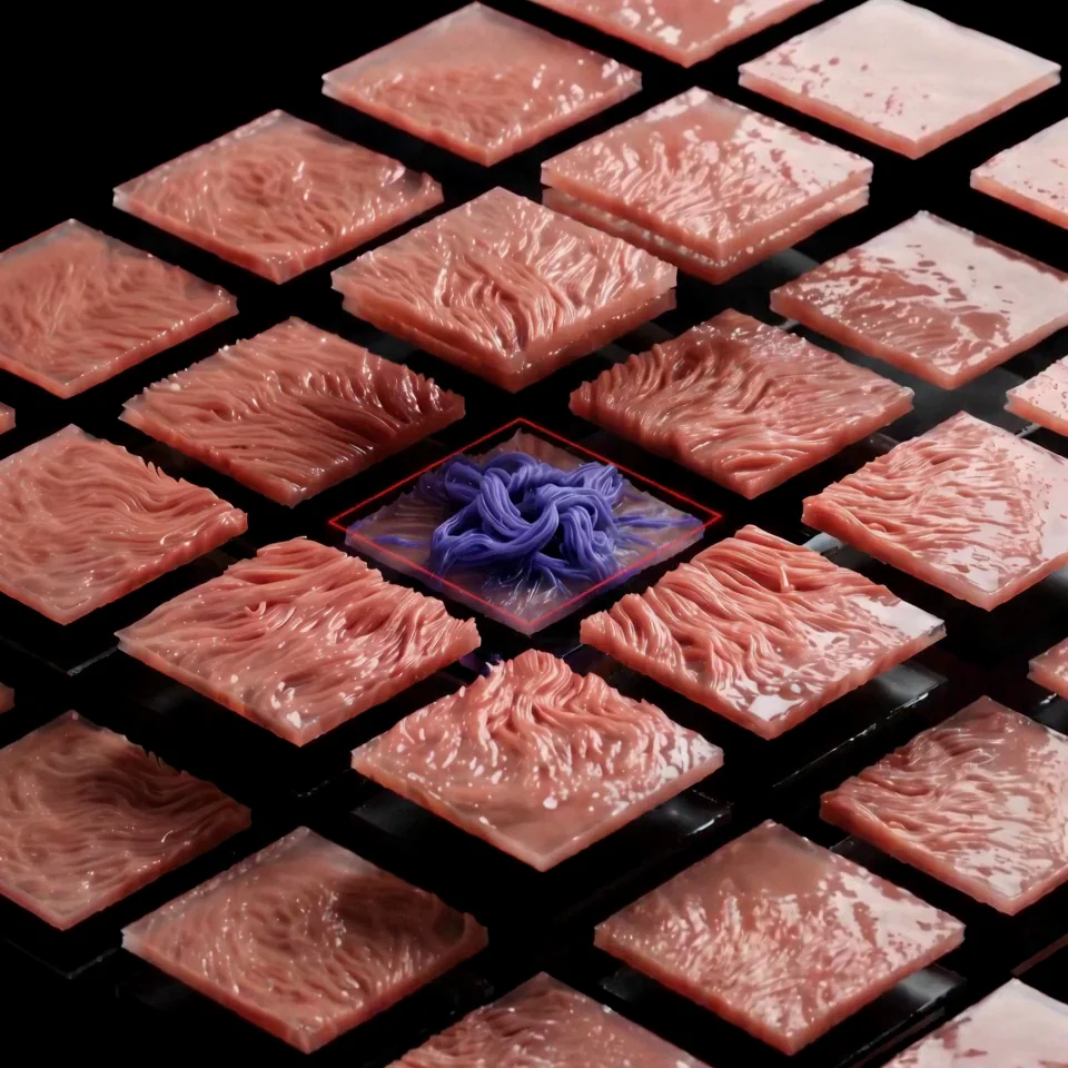 A red reticle box locked on a violet cell among floating tiles of coral tissue