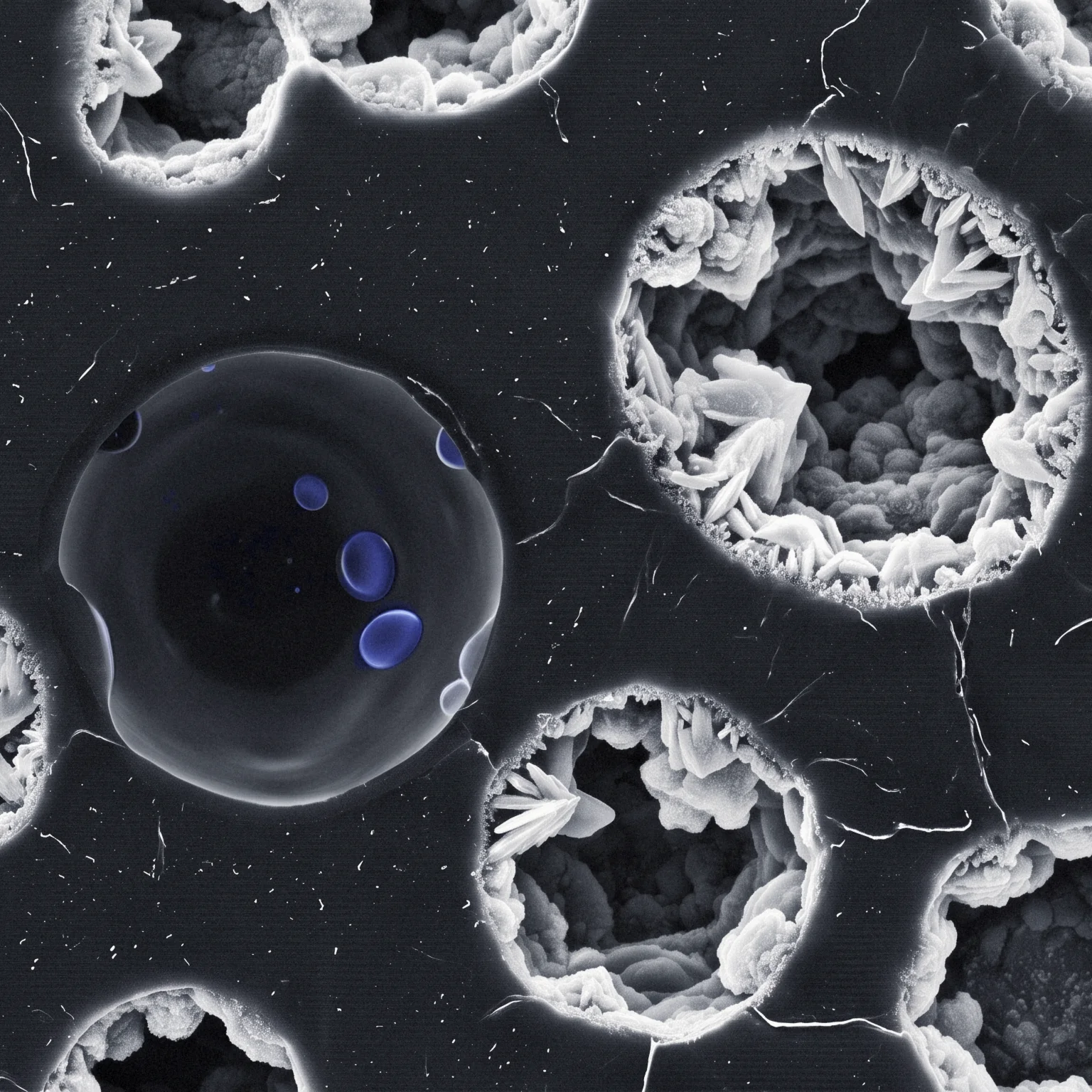 Membrane key art: basalt pores lined with white crystal, one still dark with ultramarine drops of CO2