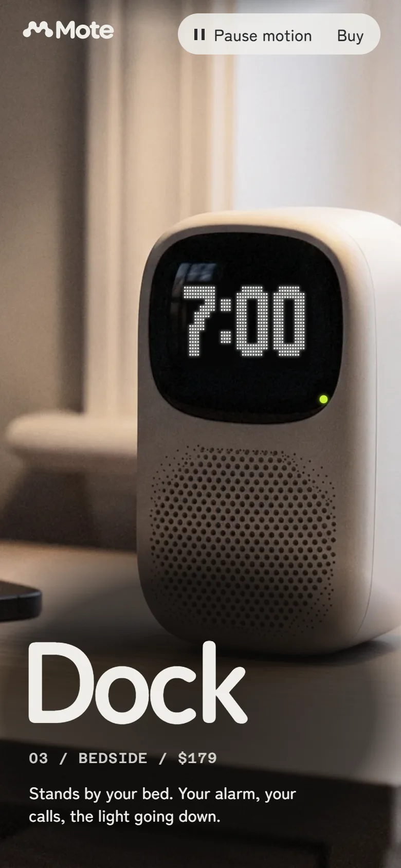 The Dock screen of the Mote homepage on a phone: Dock's face shows the 7:00 alarm