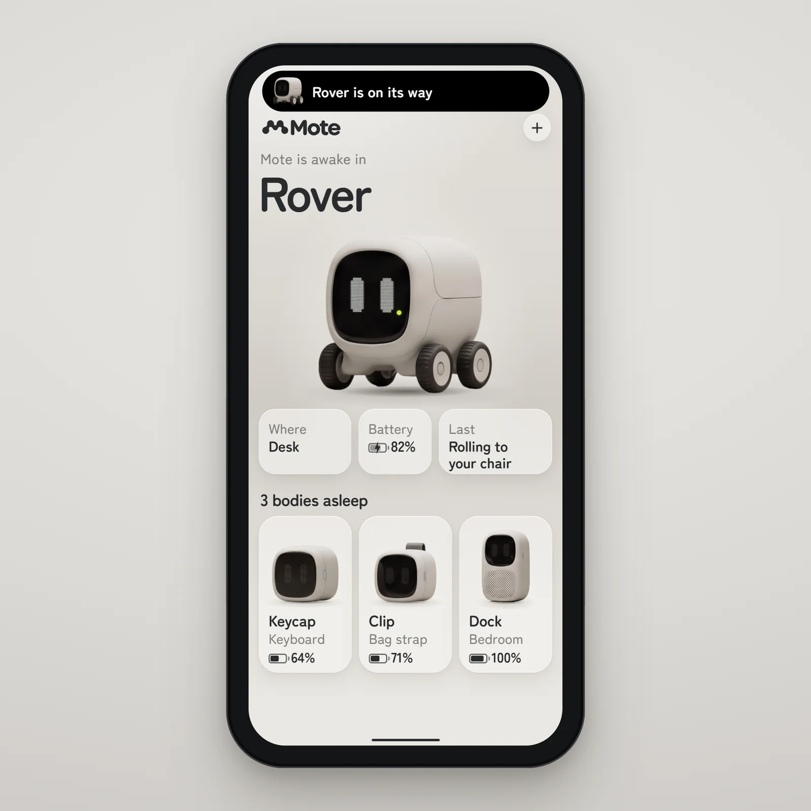 The app: the eyes move from Keycap to Rover, and the island says Rover is on its way