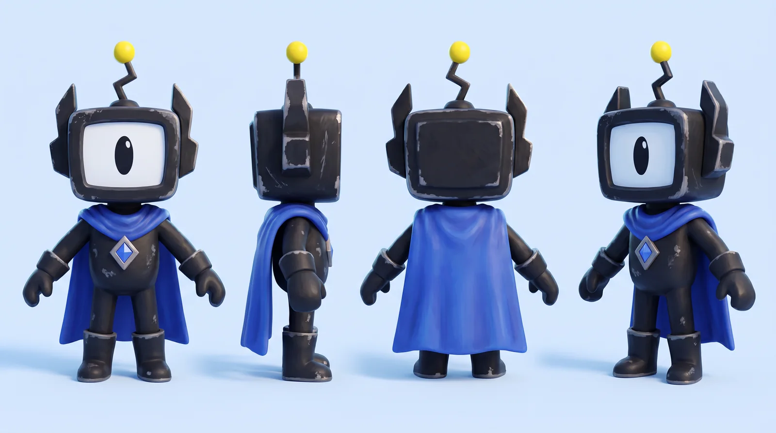 The robot hero's character sheet: front, side and back