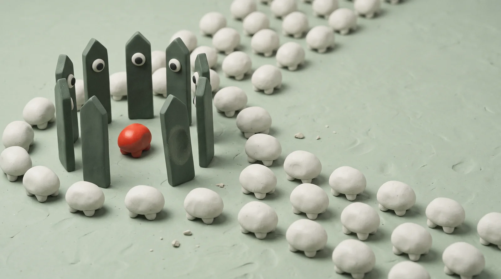 Picket key art: one-eyed moss pickets fence a red creature inside a white clay herd