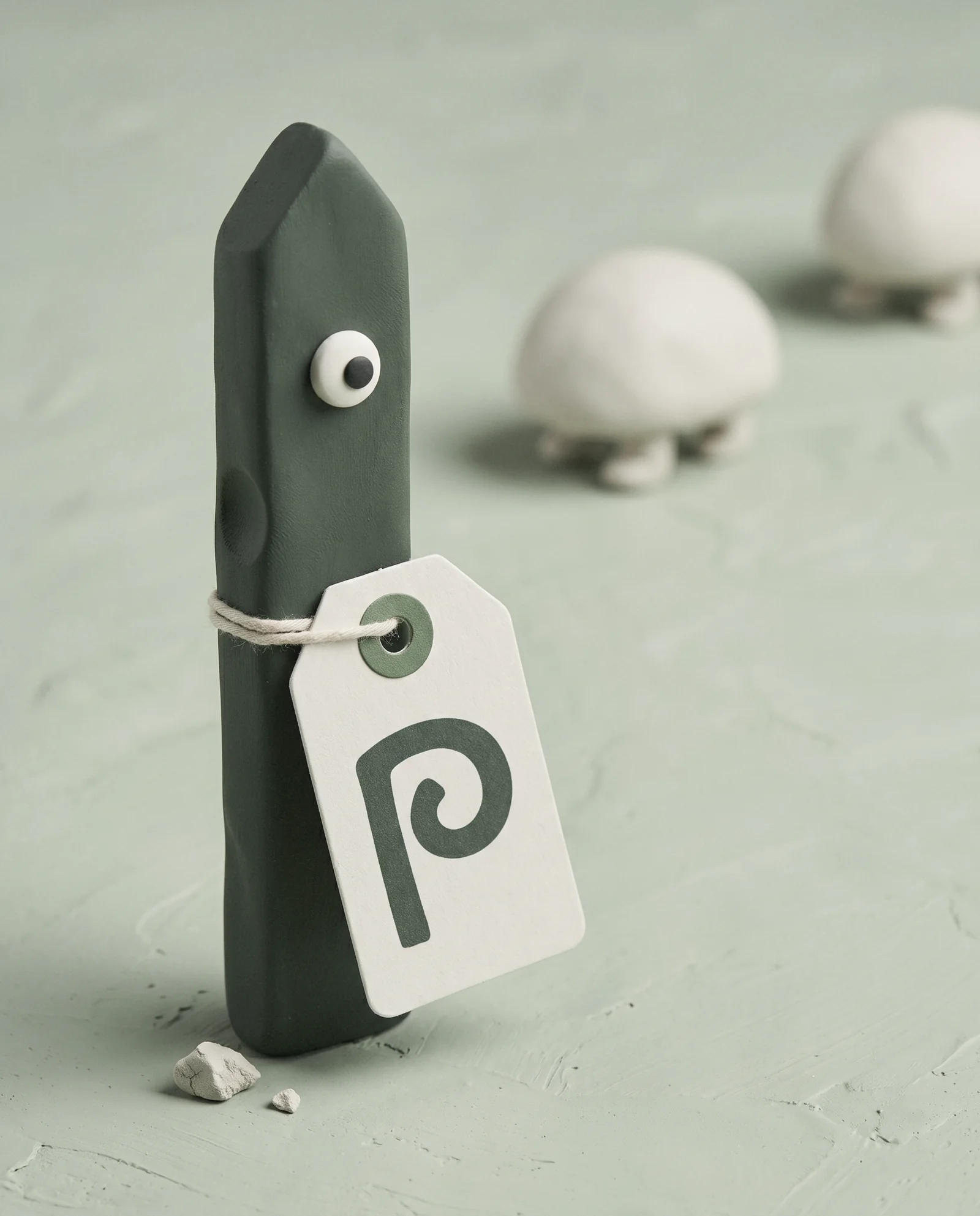 A card tag printed with the P mark tied round a clay picket