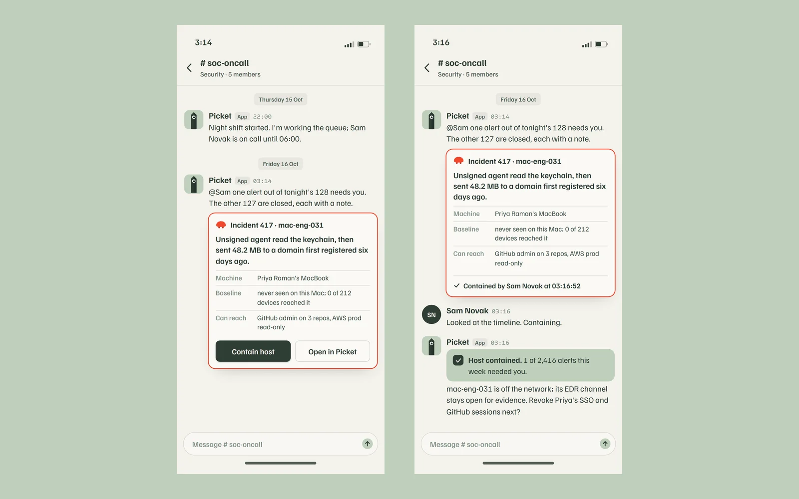 The on-call phone card before and after the tap: Contain host, then contained by Sam Novak at 03:16