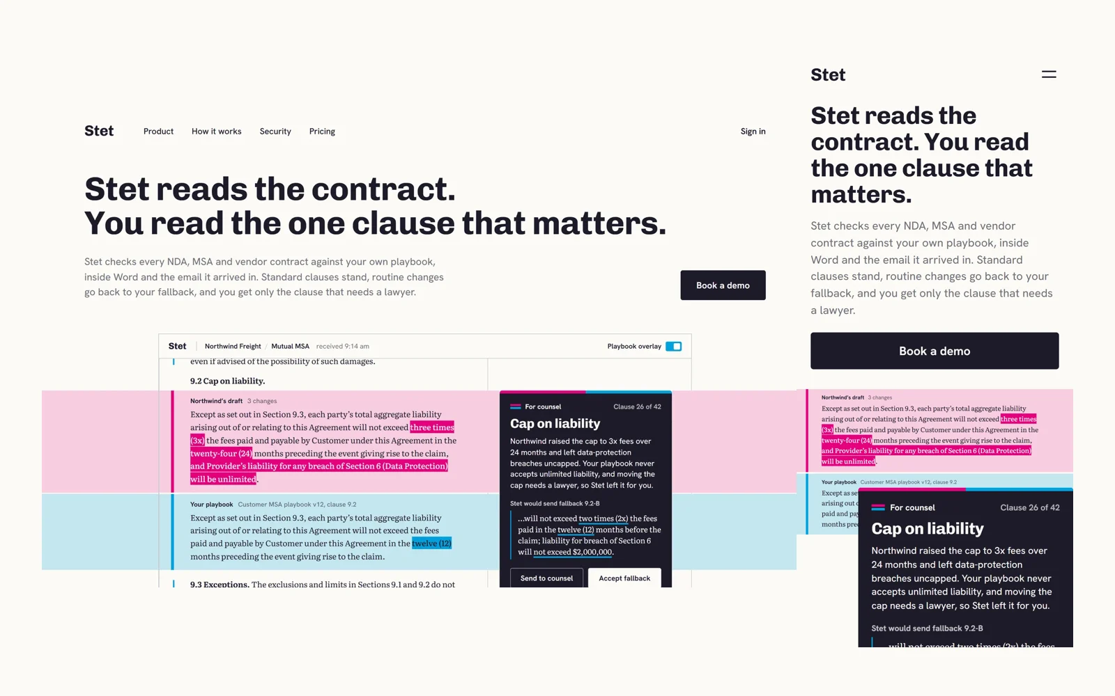 The Stet landing page at desktop and phone width, opening on the contract