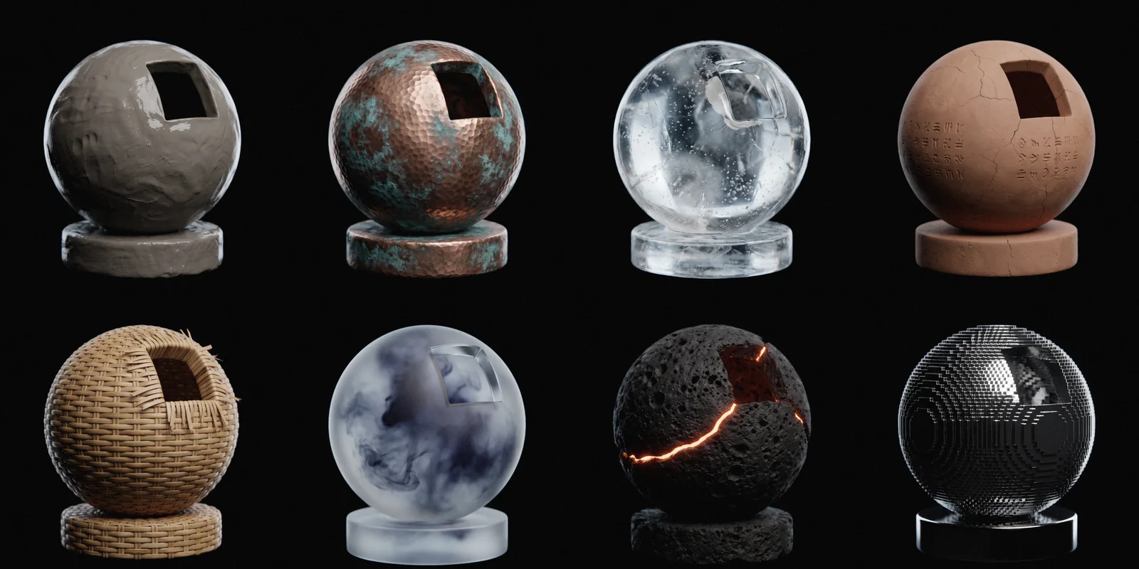 The same shader ball in eight materials, from river clay to chrome voxels