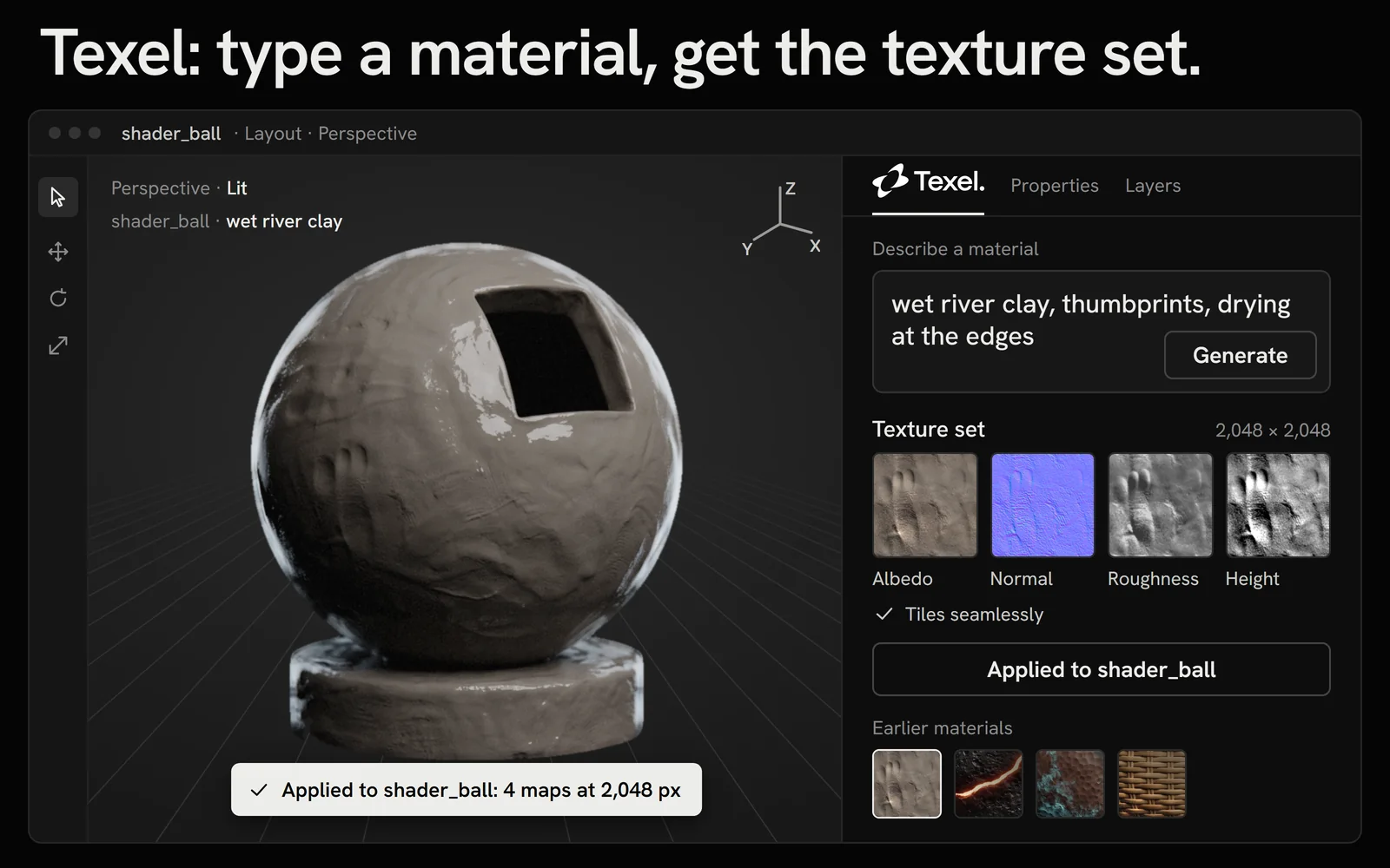 River clay applied to the shader ball in the editor, the toast reading Applied to shader_ball: 4 maps at 2,048 px