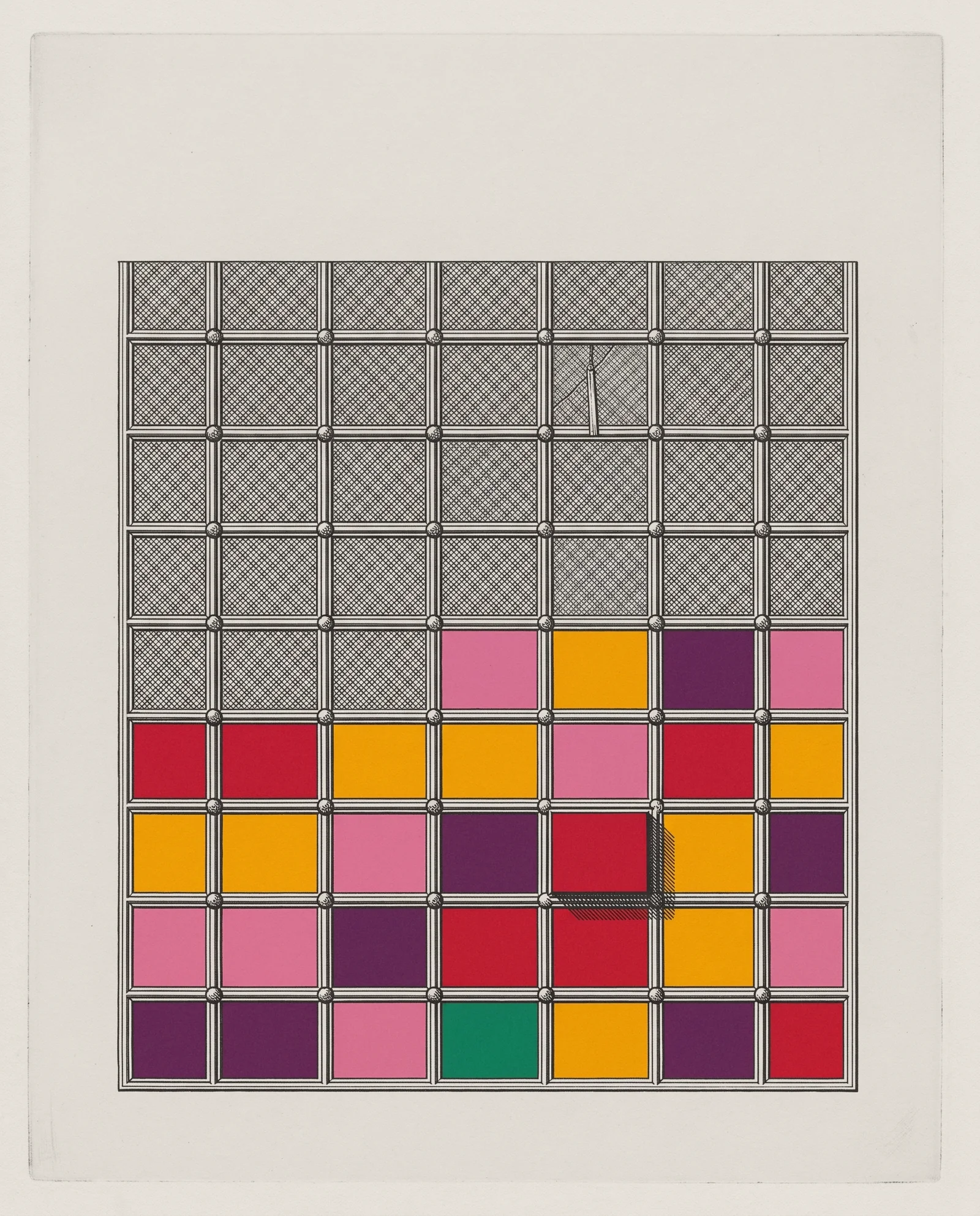 An engraving of the window's grid